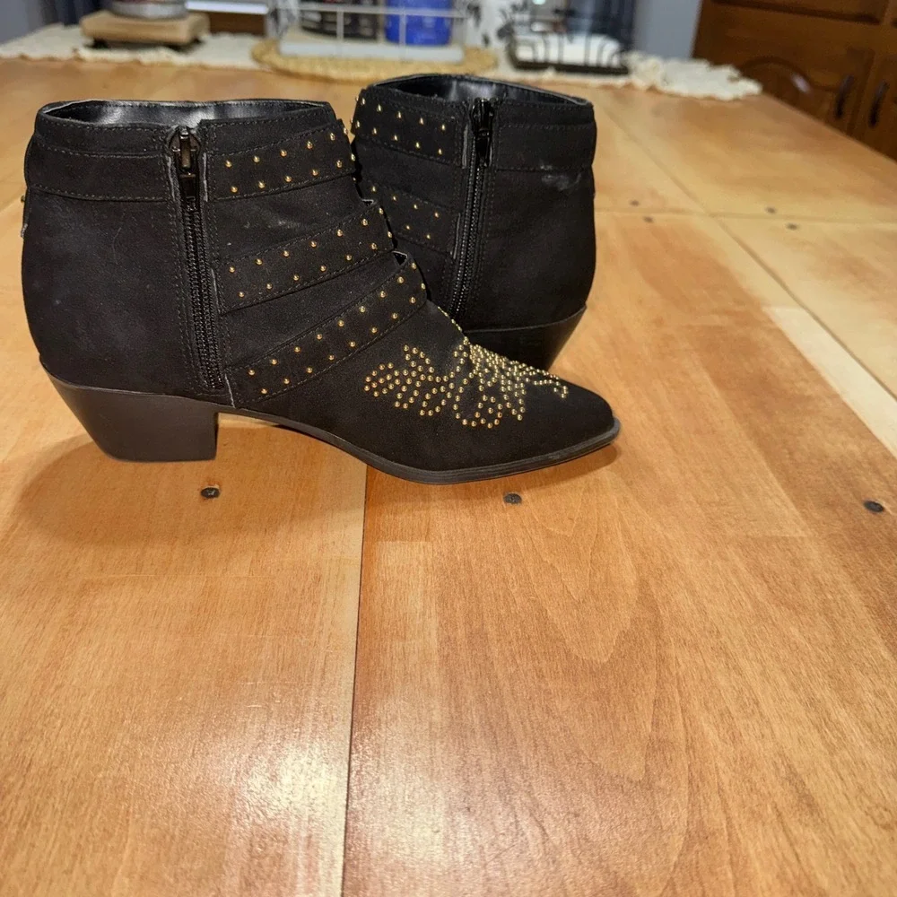 Topshop Black Studded Buckle Ankle Boots Gold Hardware Western Booties EU 37